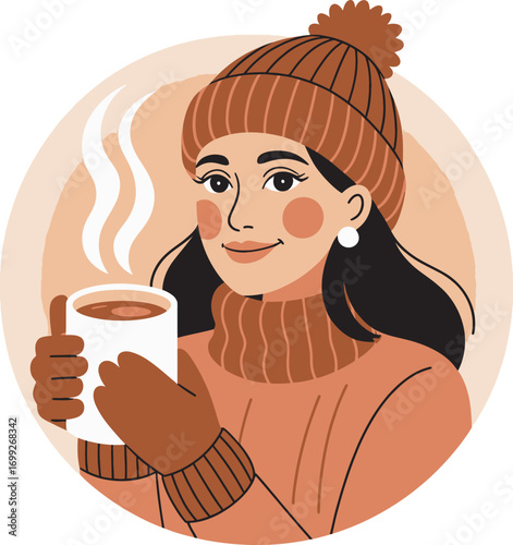 Cozy Woman in Winter Hat Holding Hot Drink Illustration for Cold Weather Season