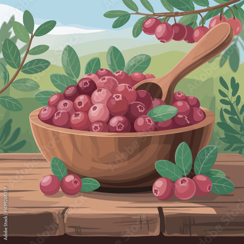 Cranberries in Wooden Bowl with Spoon on Table, Autumn Harvest Still Life Scene