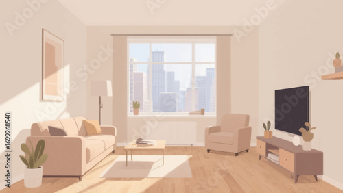 Bright living room interior with a sofa, armchair, and city view window