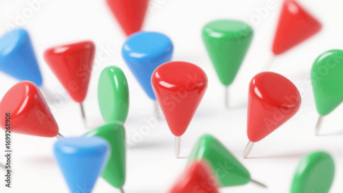 Close up shot of colorful push pins scattered on a white surface in studio