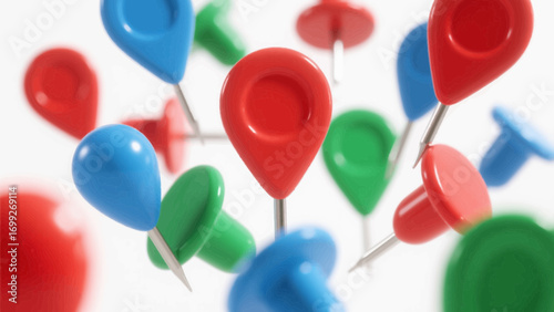 Colorful map location pins scattered on a white background for navigation
