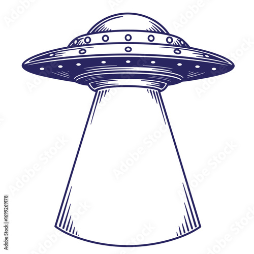 Hand drawn vintage illustration of a classic flying saucer spaceship hovering in the sky