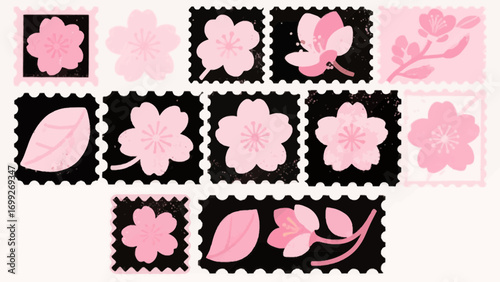 Delicate pink cherry blossom stamps evoke springtime elegance and beauty