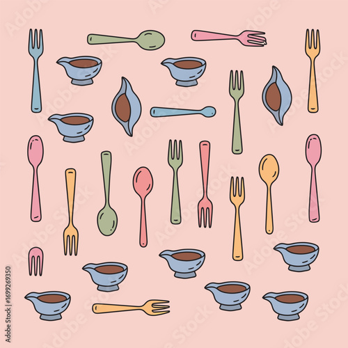 Dinner Utensils Pattern, Cutlery and Gravy Boat Seamless Design on Light Pink Background