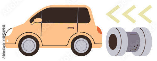 Orange small car next to exhaust pipe and emission indicator arrows suggesting environmental focus. Ideal for eco-transportation, air pollution, carbon footprint, efficiency, sustainability, vehicle