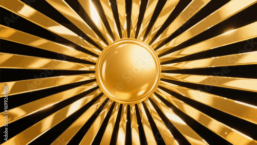 Golden radial burst design featuring a central sphere and radiant lines