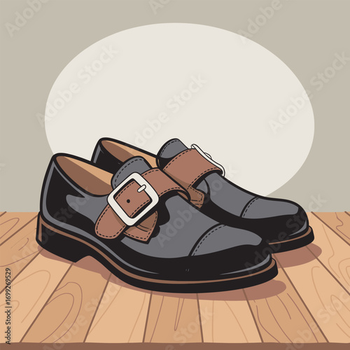 Elegant Black Leather Monk Strap Shoes on Wooden Floor Vector Illustration