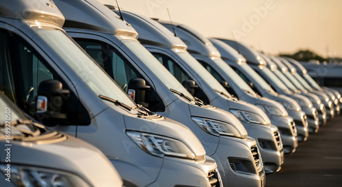Row of identical vans parked outdoors in warm light