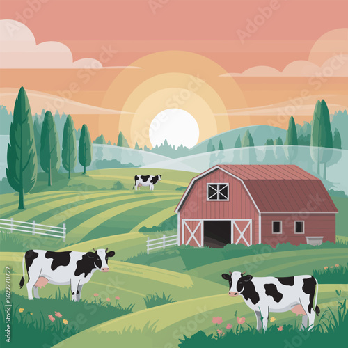 Farm Landscape with Cows, Barn, and Rolling Hills at Sunset in a Countryside Scene