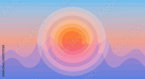 Vibrant abstract sunset with gradient waves and circular patterns