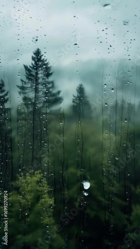 Wallpaper Mural Moody video concept of raindrops on a window with a forest view. Shot from a low angle, capturing the serene, misty landscape beyond. Live mobile wallpaper. Torontodigital.ca