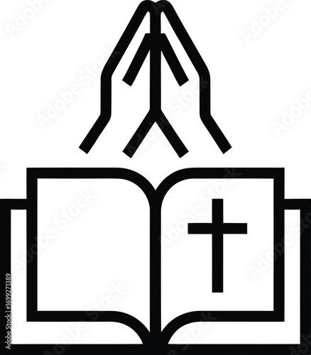 Christian prayer hands over open bible with cross symbol