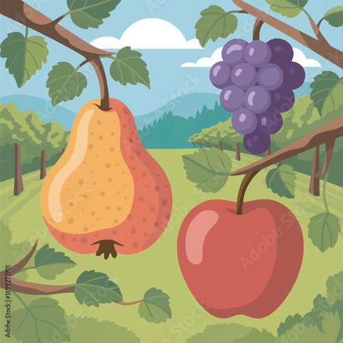 Fruit Tree Orchard with Apples, Pears, and Grapes on Branches Vector Illustration