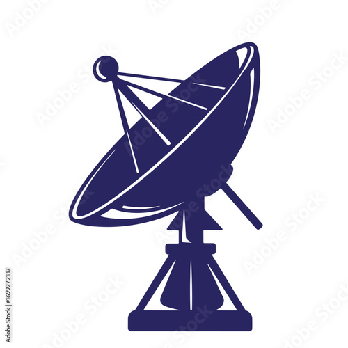 Minimalist blue silhouette illustration of a satellite dish for broadcasting and communication