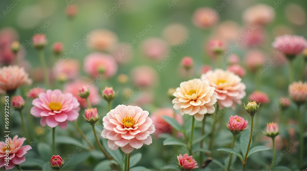 Obraz premium A Serene Garden of Pink and Peach Zinnia Flowers in Full Bloom with a Soft Focus Background