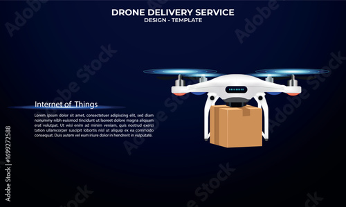 Futuristic autonomous white drone with LED lights, transporting a box for fast and secure aerial delivery service. Internet of Things. Artificial Intelligence, robot service. chatbot
