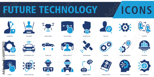 Future Technology Icon Set Glyph Duotone with humanoid, hologram, smart drone, touch screen, smartwatch, dna test, ai, teleport, genetic engineering
