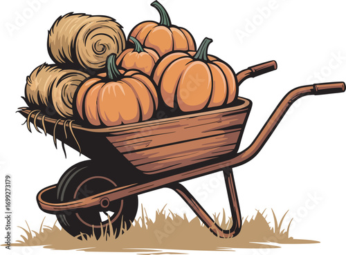 Harvest Bounty Wheelbarrow Full of Pumpkins and Hay Bales Autumnal Farm Fresh Produce Scene