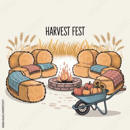 Harvest Fest Illustration with Hay Bales, Bonfire, and Wheelbarrow of Apples
