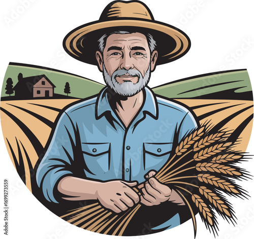 Harvest Season Farmer with Wheat Sheaf in Field Illustration Vector Graphic Design