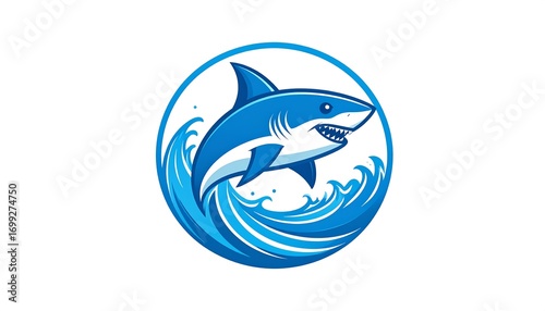 A stylized, graphic illustration of a shark leaping through ocean waves in a circular design.