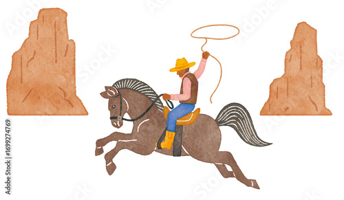 馬に乗ったカウボーイと岩山のイラスト / cowboy on horse with rocky mountain