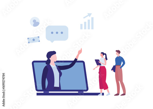 The concept of online business education. Some people focus on online training. Businesspeople, both men and women, and business coaches.