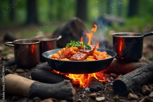 Delicious campfire-cooked meal sizzling over glowing embers, surrounded by rustic camping equipment Perfect for outdoor cooking and adventure themes , embers, utensils