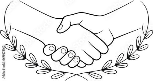 Hand drawn illustration of a handshake framed by laurel leaves