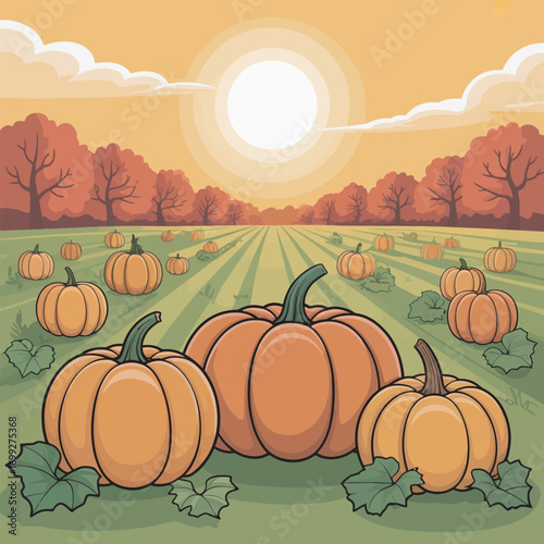 Pumpkin Patch Field with Orange Pumpkins and Autumn Trees in a Sunny Landscape Scene