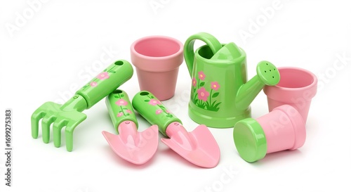 緑ピンクのかわいい子供用ガーデニングセット 明るい光で輝くおもちゃ This translates roughly to: 