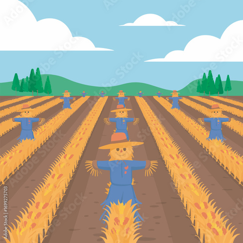 Rural Scarecrow Field Rows of Straw Men Guarding Crops Under Cloudy Sky Landscape