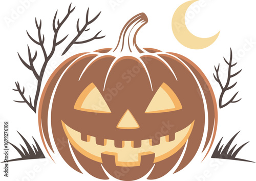 Smiling Jack-o'-Lantern Pumpkin with Moon and Bare Branches for Autumnal Decoration