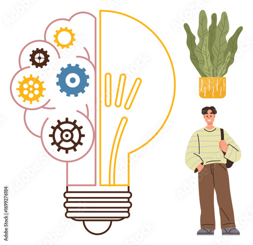 Connected brain, gears, and light bulb symbolize creativity and innovation. Young person stands alongside a plant for balance and growth. Ideal for teamwork, education, sustainability, innovation