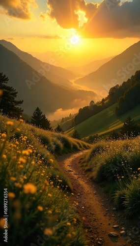 Serene landscape bathed in golden sunlight, conveying a sense of calm and inner peace, perfect for representing meditation and energy flow , meditation, tranquility, rays