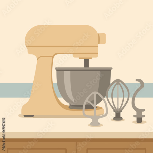 Retro kitchen mixer with attachments on countertop in flat style