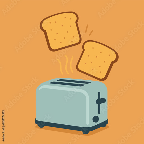Cheerful breakfast: toaster with toast popping out on orange background