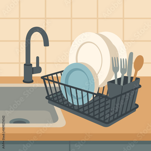 Kitchen counter with clean dishes in rack next to sink