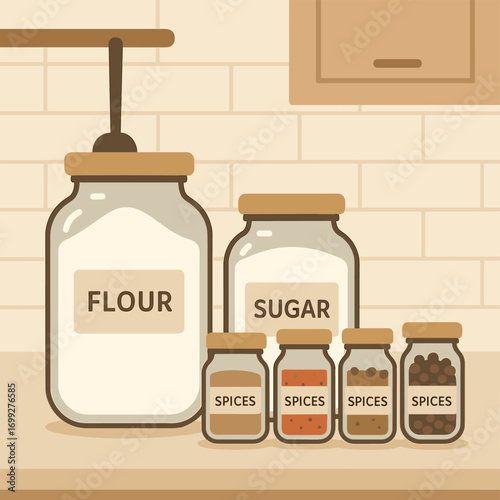 Minimalist kitchen pantry with flour, sugar, and spice jars on countertop