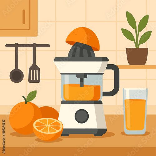Cozy kitchen scene with orange juicer and fresh juice in modern flat design