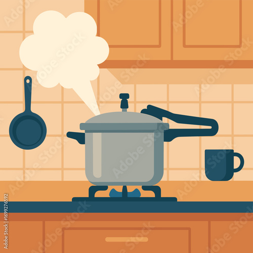 Cooking in progress: pressure cooker on stove in a retro kitchen setting