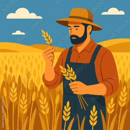 Colorful flat design farmer in wheat field at harvest time with blue sky