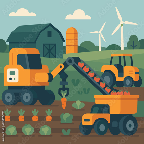 Farm harvest scene with modern machinery and wind turbines