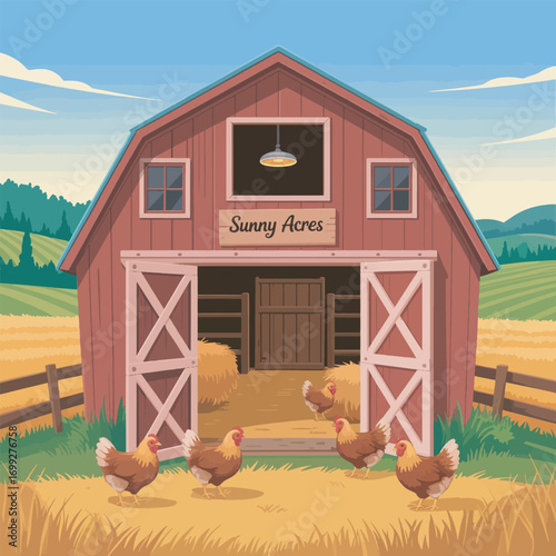 Sunny Acres Barn with Chickens in Rural Landscape Vector Illustration