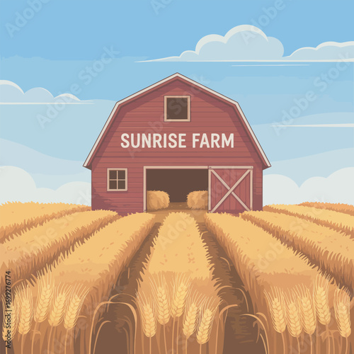 Sunrise Farm Barn in Wheat Field Vector Illustration Design Rural Countryside Scene