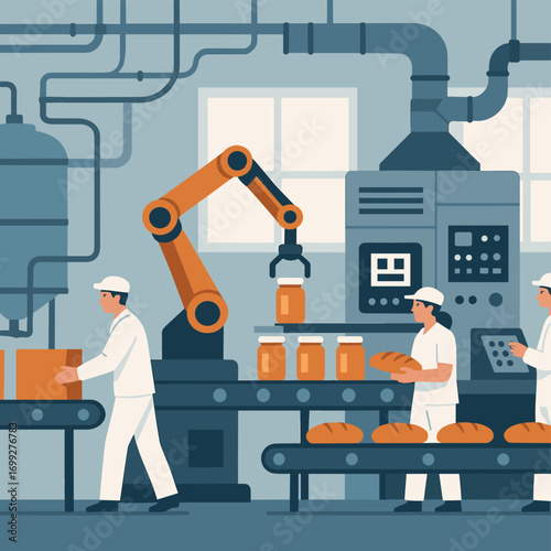 Modern food manufacturing process with automation and robotics in a bread factory