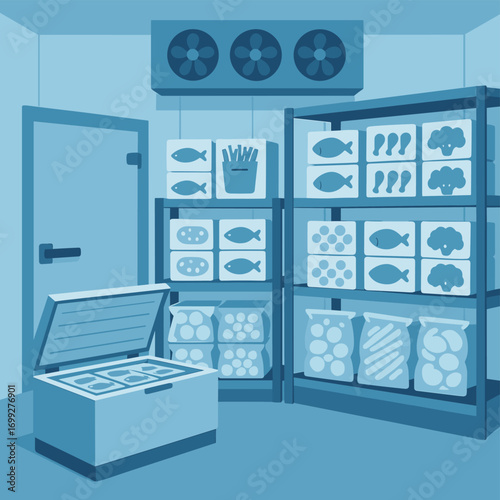Cold storage room with shelves of frozen food in monochromatic blue design