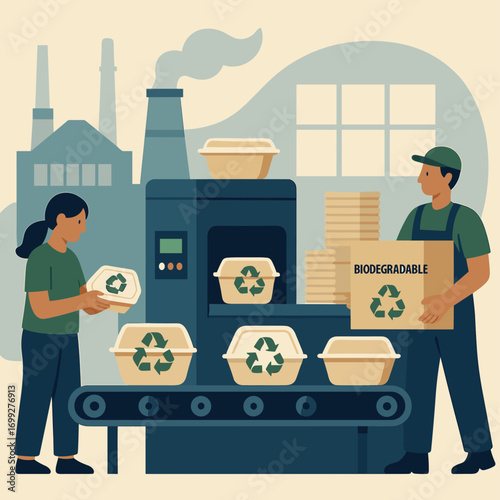 Eco-friendly production with biodegradable packaging in a sustainable factory setting