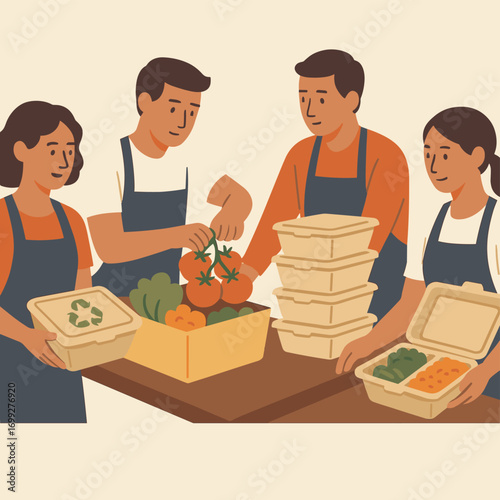 Community volunteers packing eco-friendly food boxes in flat style