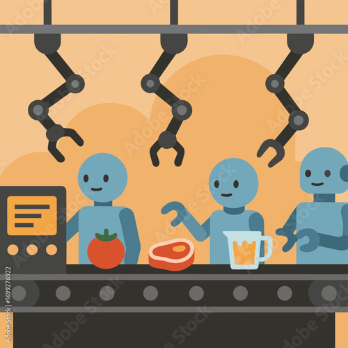 Futuristic robots in factory processing food on assembly line